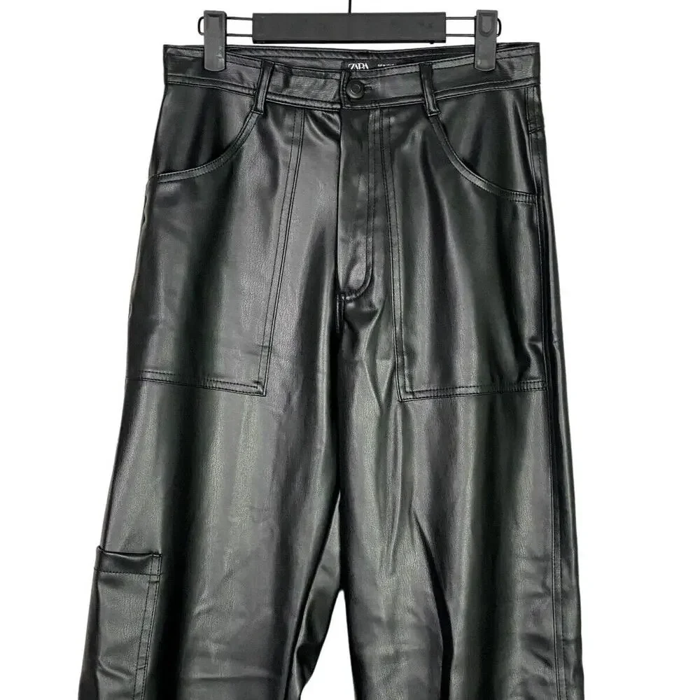 ZARA Wide Leg High Rise Faux Leather Edgy Moto Biker Full Length Pants M Black - Picture 3 of 16